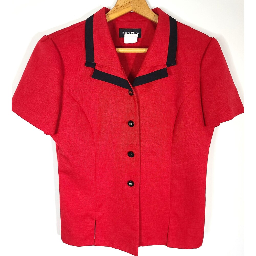 80s Vintage Red Karis Place Short Sleeve Blouse with Shoulder Pads